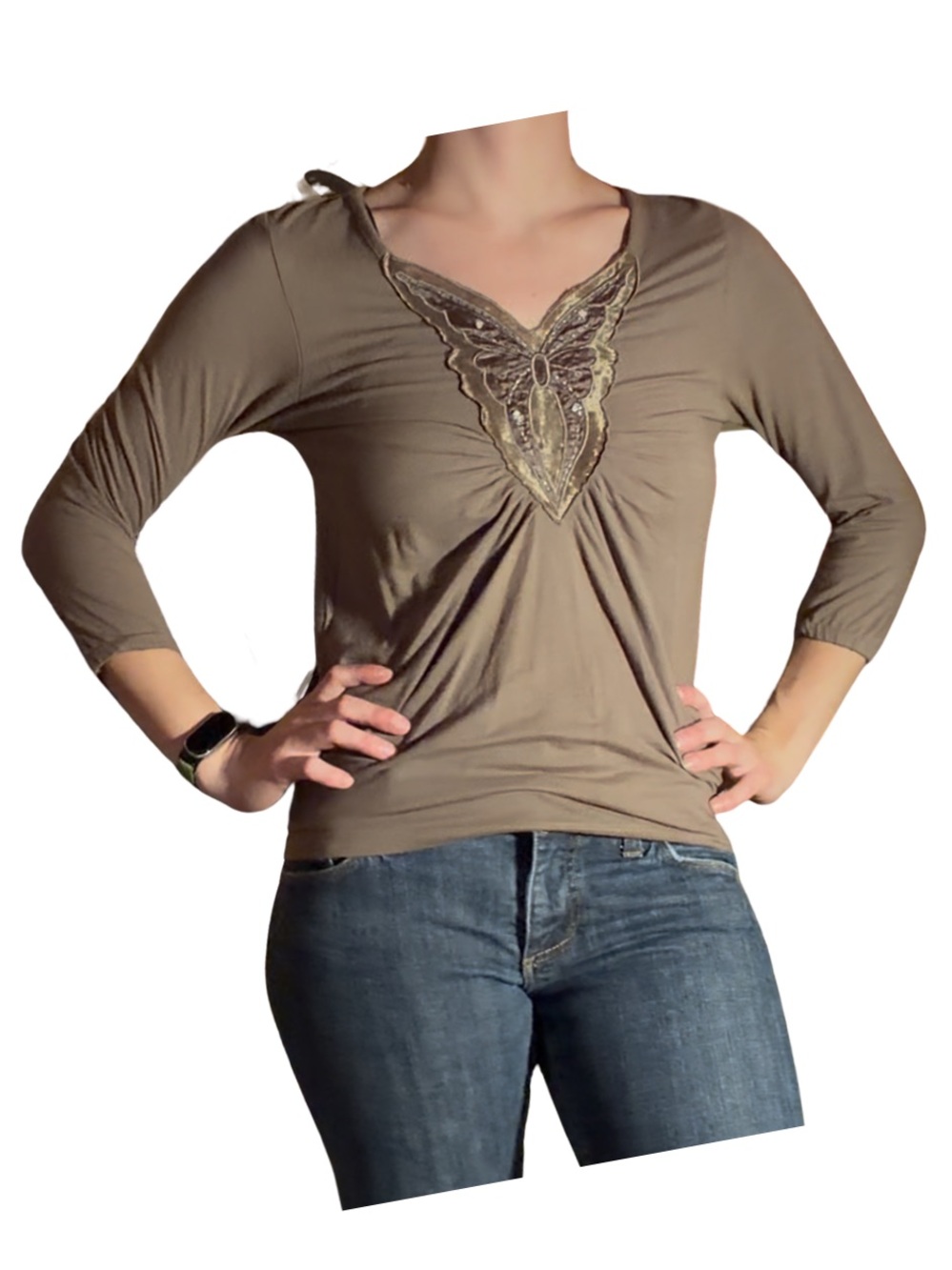 Taupe Butterfly Appliqué Women's Top